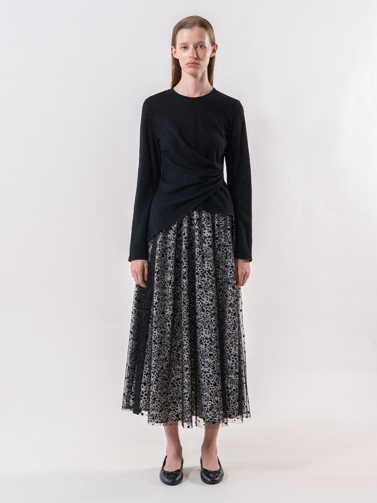 Black Asymmetric Draped Long Sleeve Tee