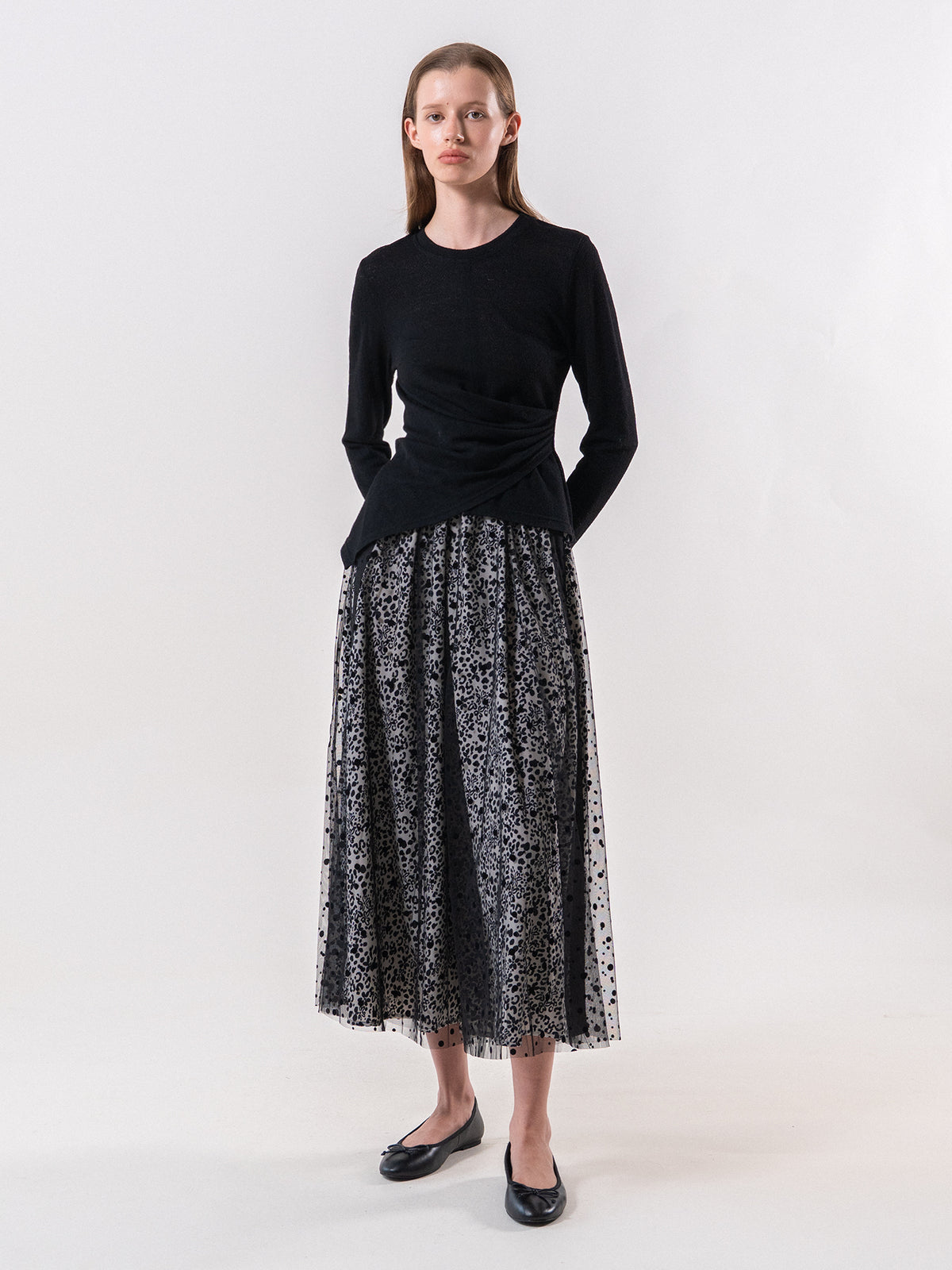 Black Asymmetric Draped Long Sleeve Tee
