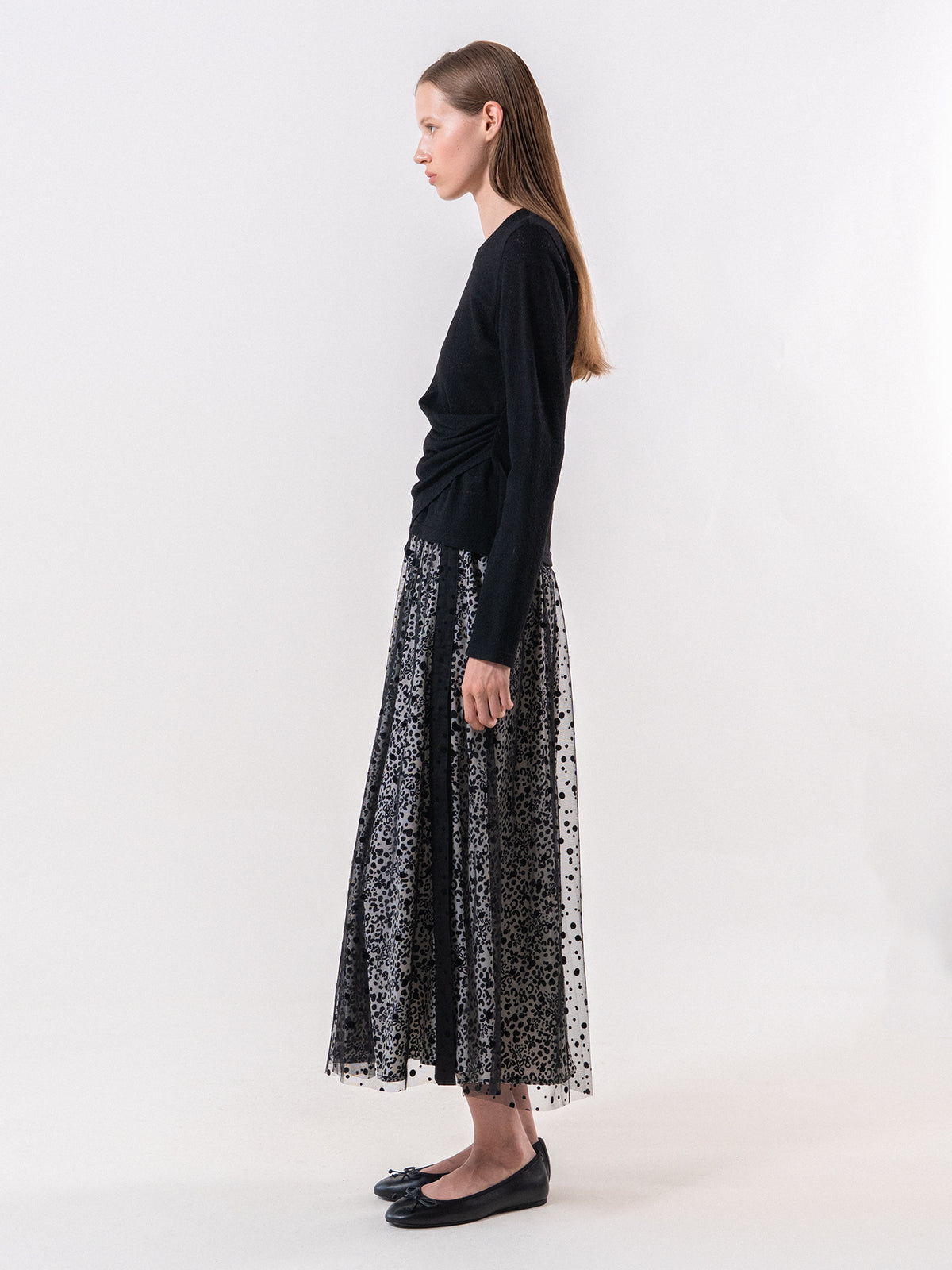 Black Asymmetric Draped Long Sleeve Tee