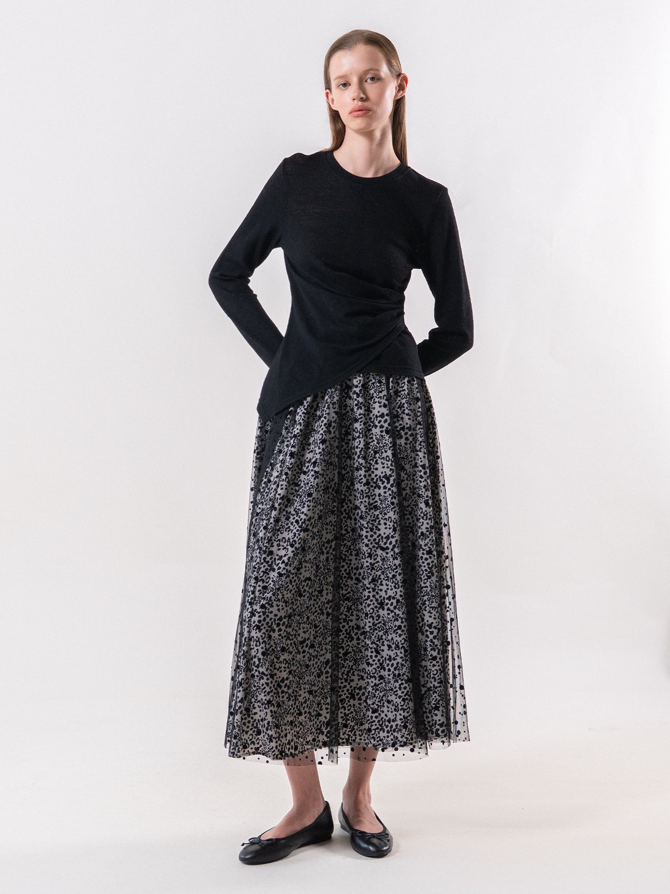 Black Asymmetric Draped Long Sleeve Tee