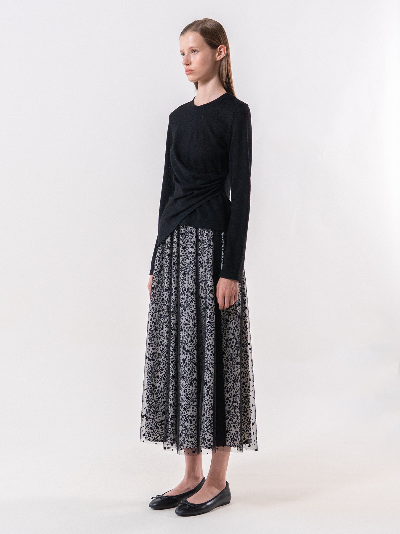 Black Asymmetric Draped Long Sleeve Tee