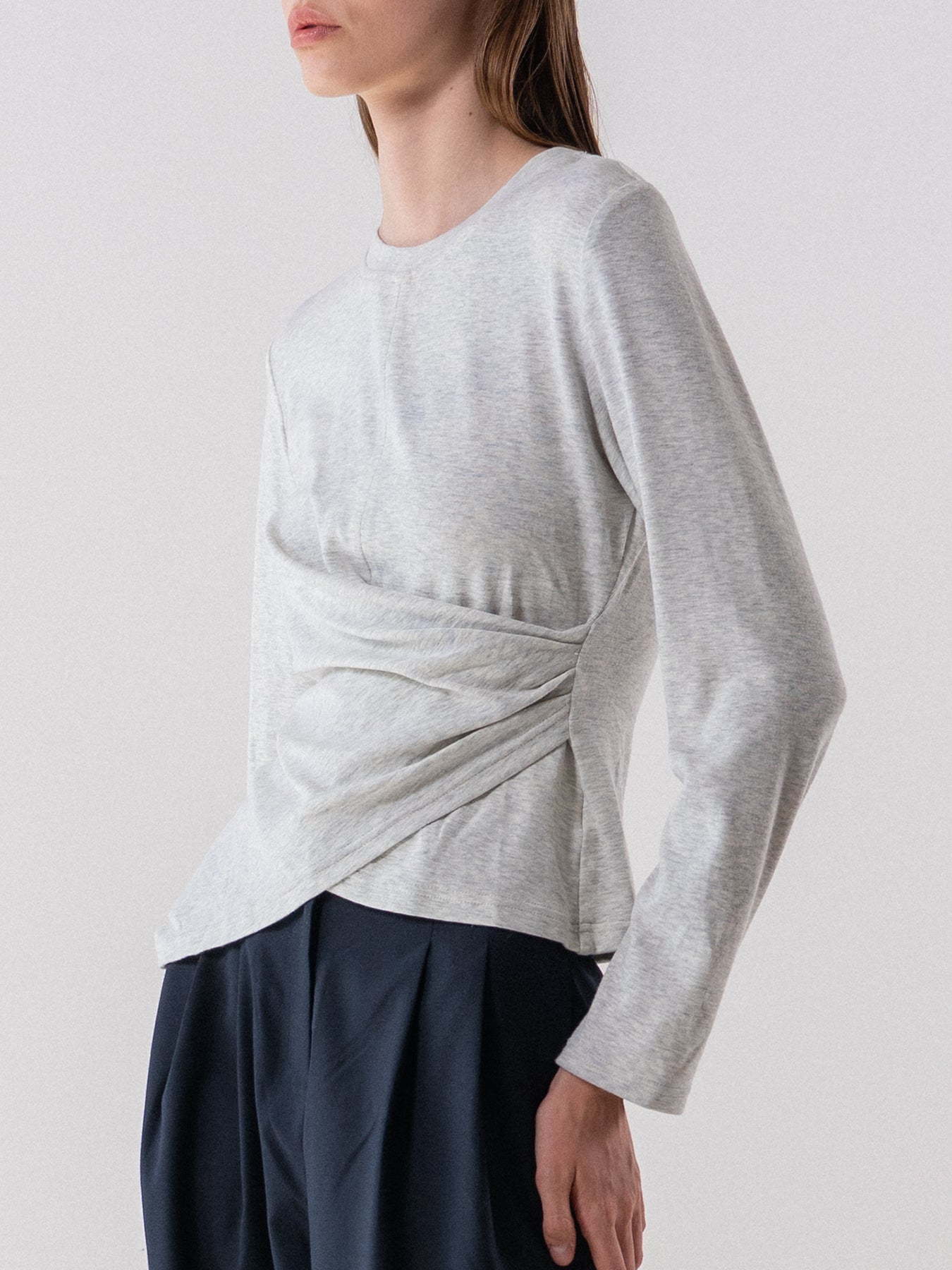 Oatmeal Melange Asymmetric Draped Long Sleeve Tee
