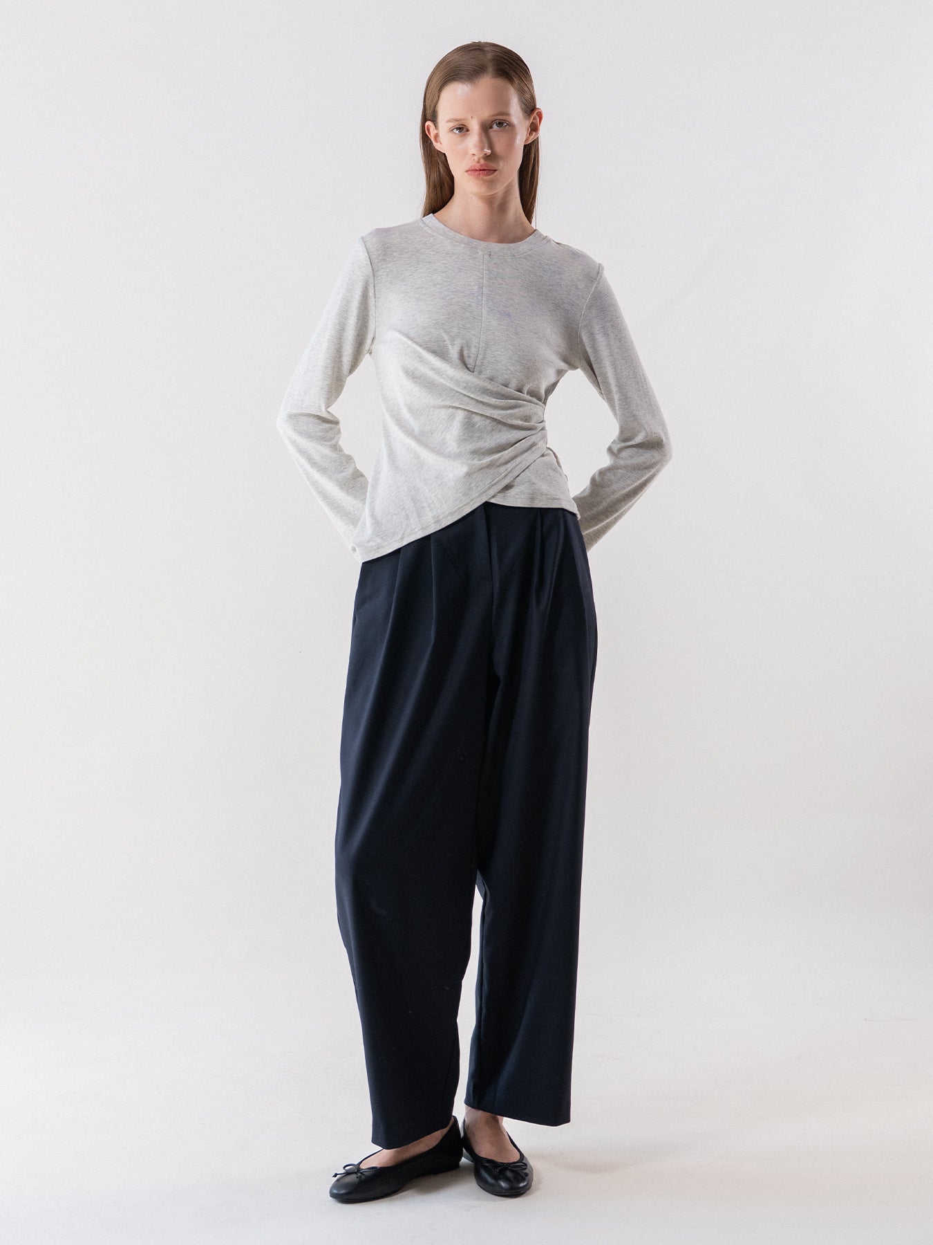 Oatmeal Melange Asymmetric Draped Long Sleeve Tee
