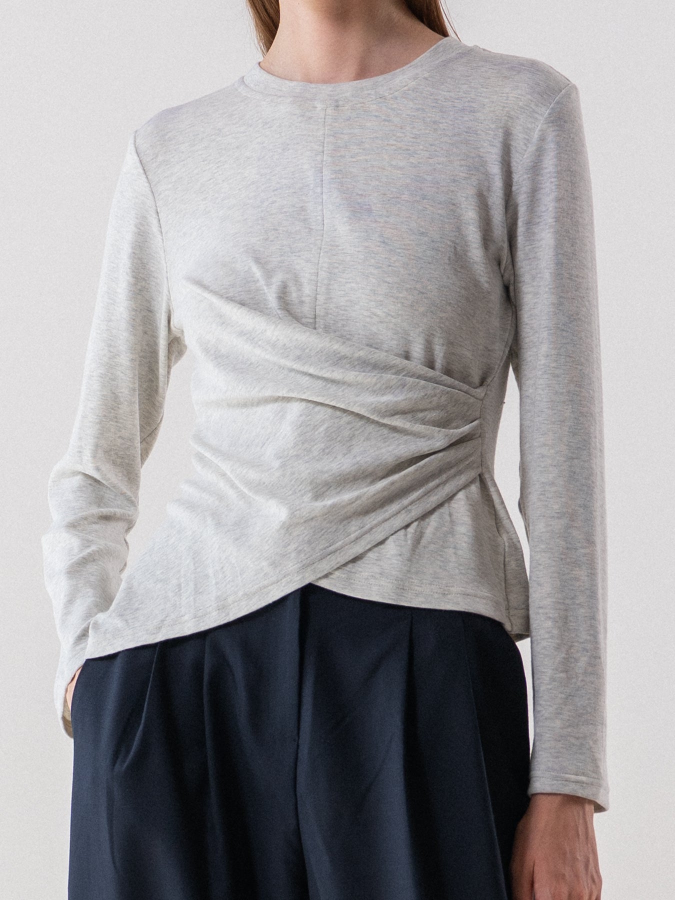 Oatmeal Melange Asymmetric Draped Long Sleeve Tee