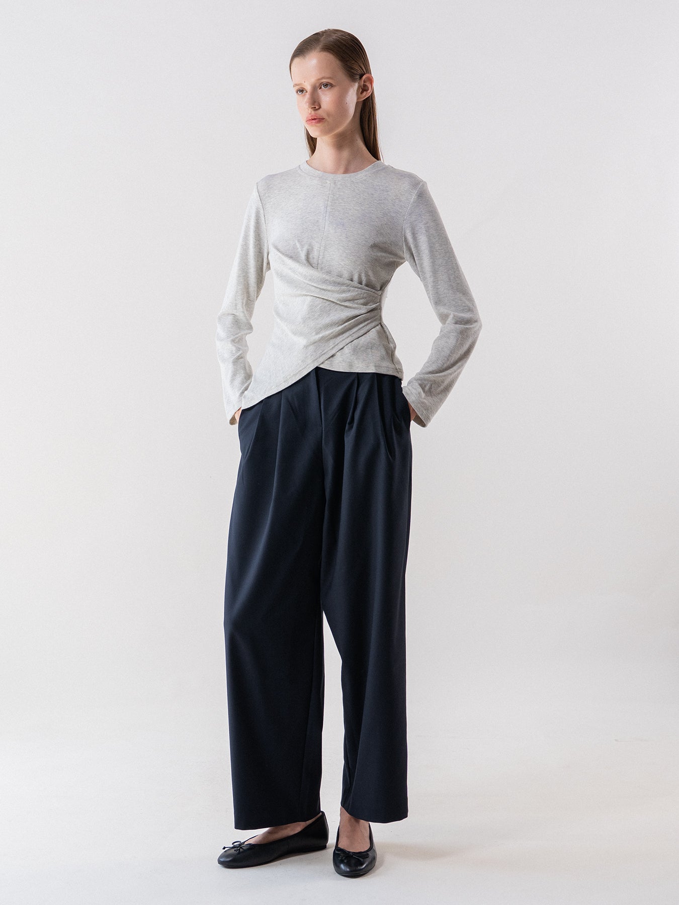 Oatmeal Melange Asymmetric Draped Long Sleeve Tee