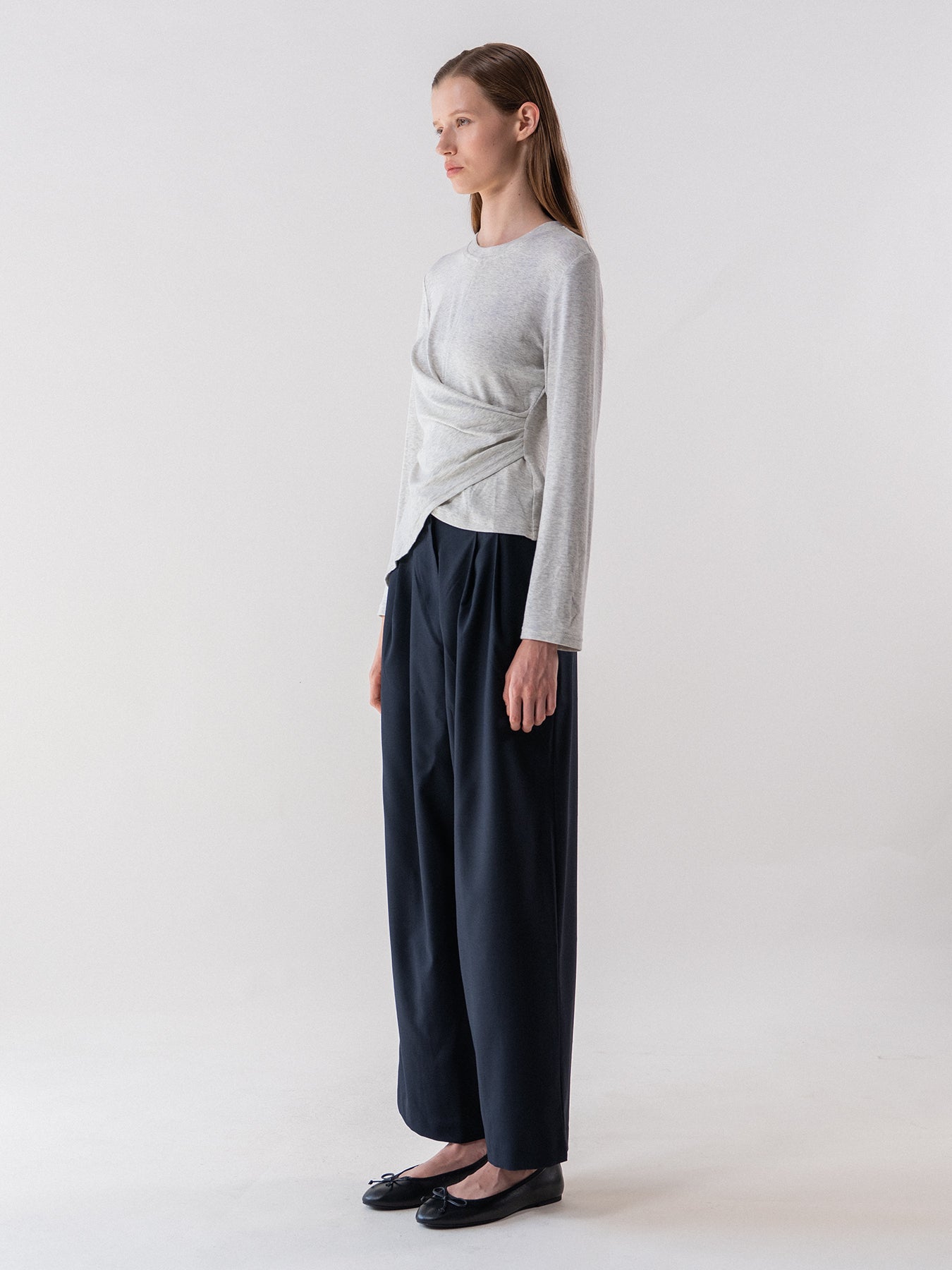 Oatmeal Melange Asymmetric Draped Long Sleeve Tee