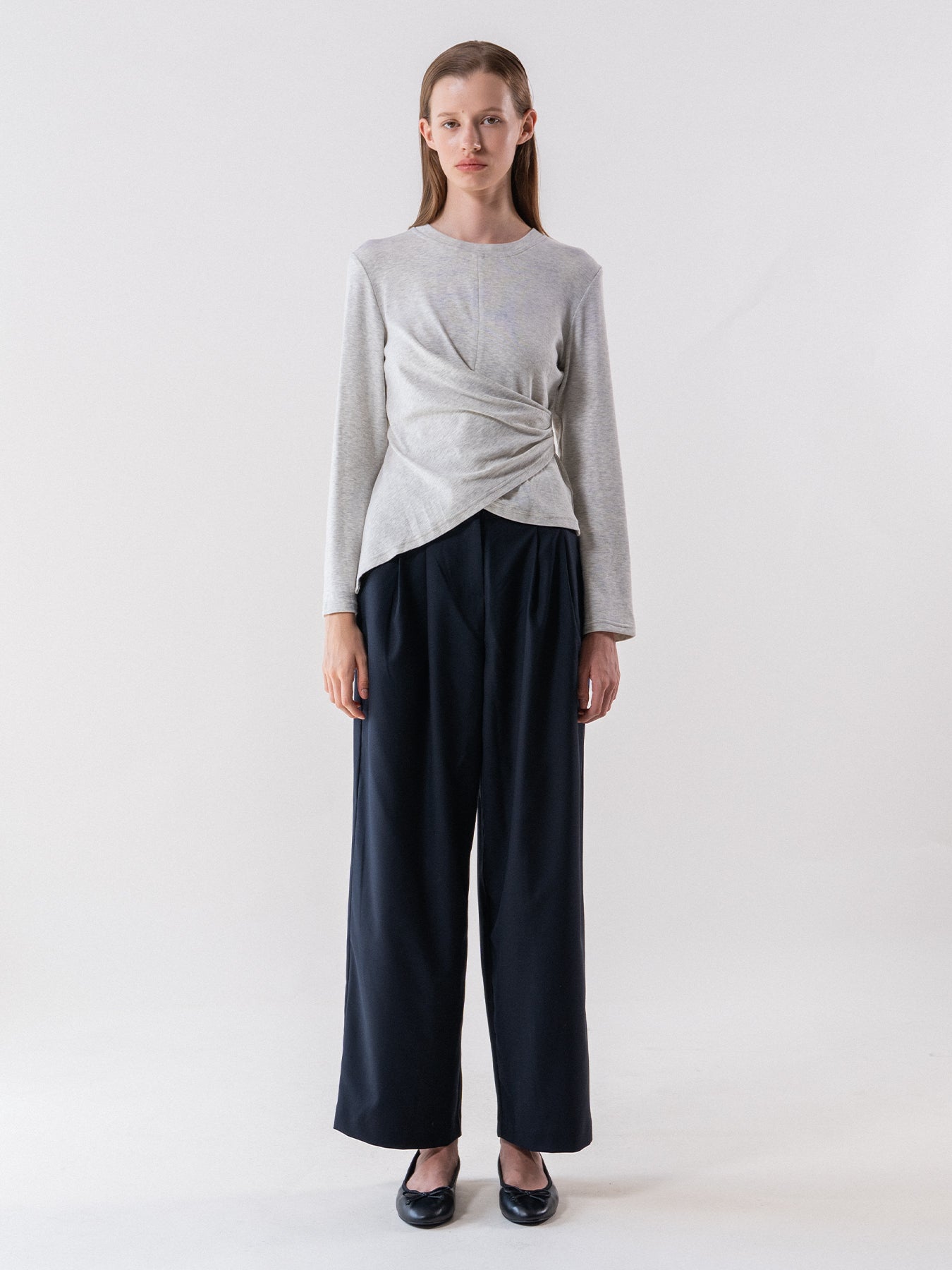 Oatmeal Melange Asymmetric Draped Long Sleeve Tee